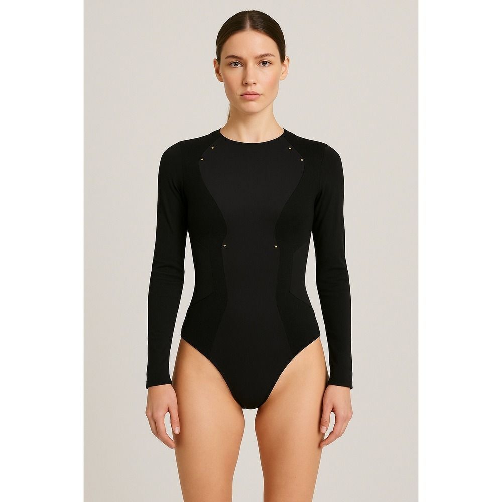 Luxury French Black Structured Bodysuit Gold Studs Long Sleeve Size 36 (S)